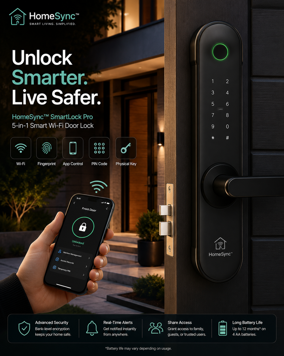 HomeSync™ SmartLock Pro – 5-in-1 Smart Wi-Fi Door Lock