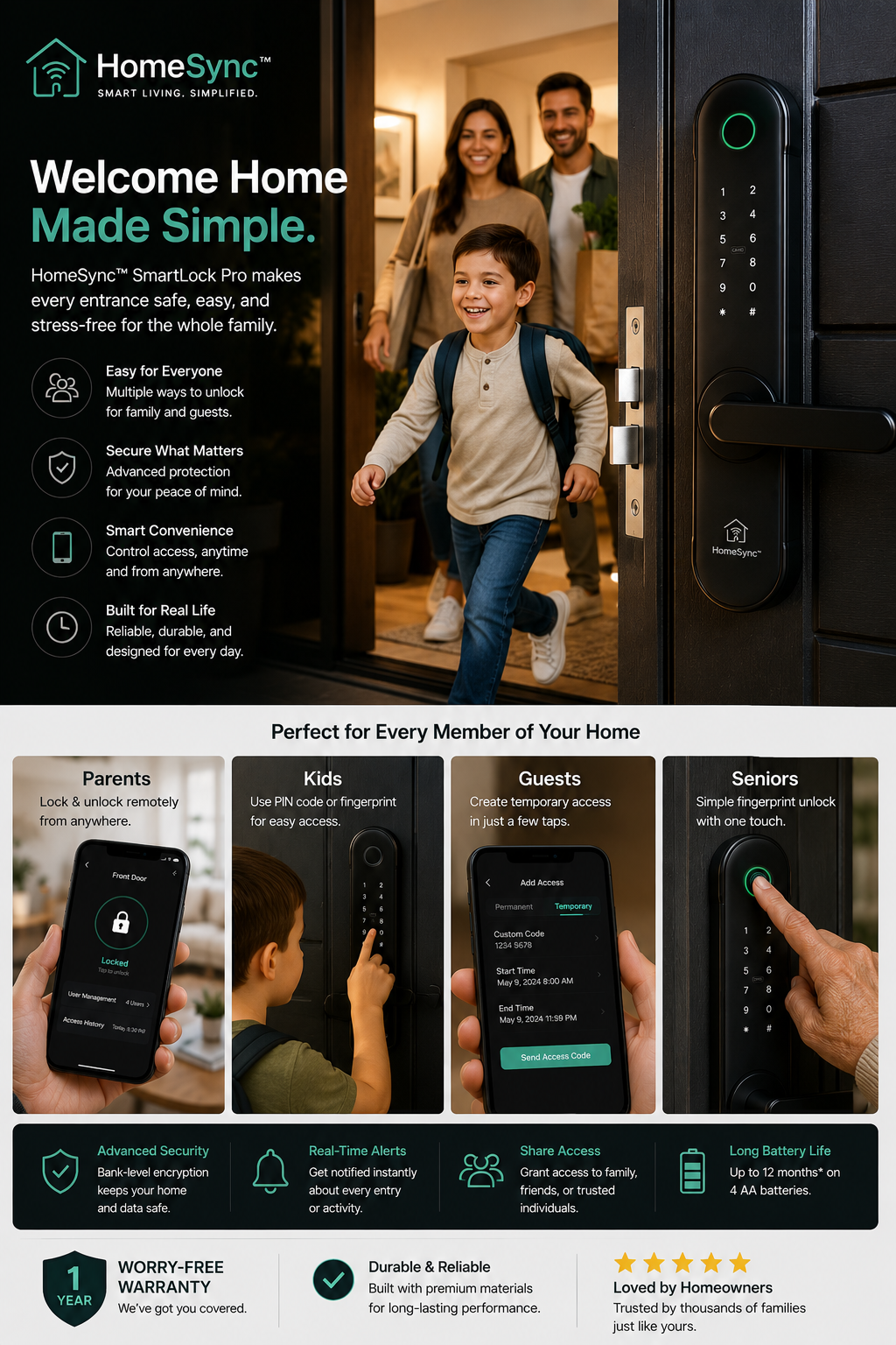 HomeSync™ SmartLock Pro – 5-in-1 Smart Wi-Fi Door Lock